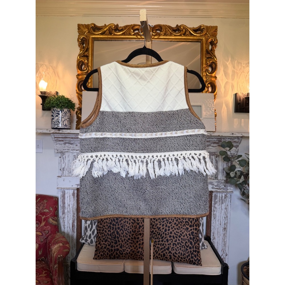 THML Boho Tassel Fringe Knit Vest Brown Grey Cream Western Embroidered Small - Picture 10 of 10